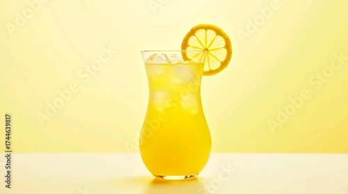 Zesty lemon cocktail in rounded glass with ice cubes and lemon wheel on pastel yellow background