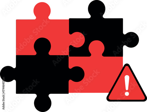 Puzzle pieces assembled with warning sign indicating potential problem or issue.