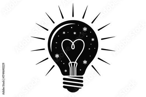 Striking black and white illustration of a heart shaped light bulb idea symbol vector graphic vector