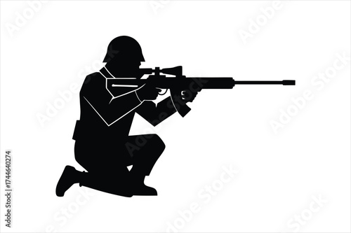 American army sniper silhouette crouched aiming rifle ready for action military combat scene