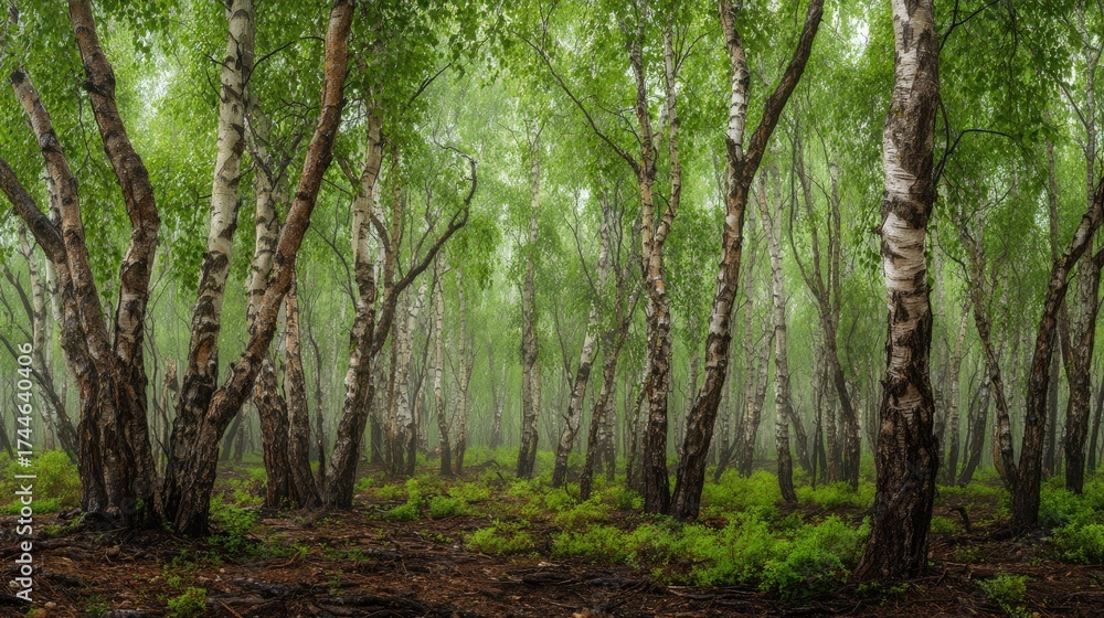 Fototapeta premium White birch forest Greenery After the Rain