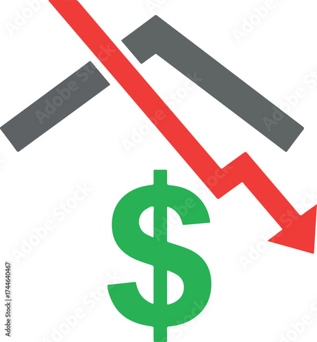 Real estate market decline with downward arrow and dollar sign.