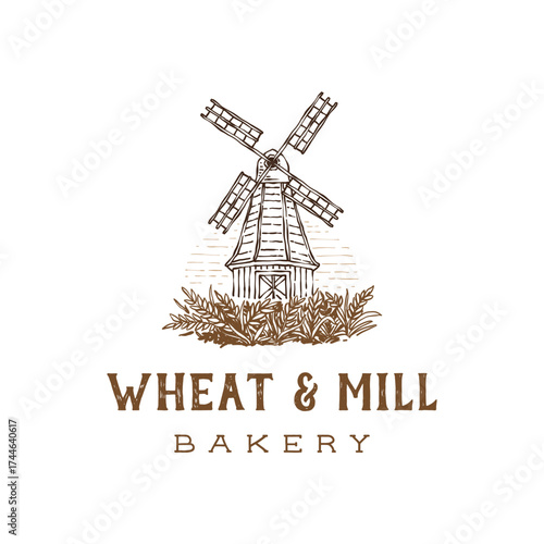 Vintage illustration for bakery shop and bread product with wheat field and mill house wheel building  flour process concept, logo template hand drawn style ready to use design