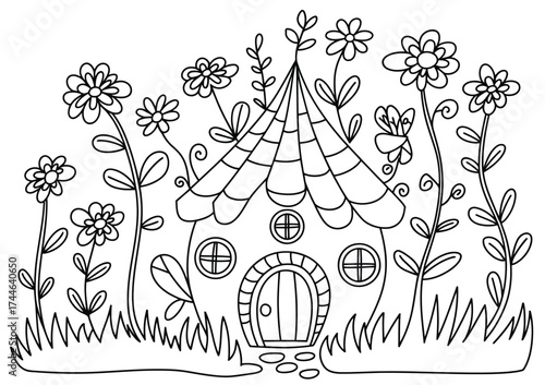 Whimsical fairy house black and white line drawing vector illustration scalable eps icon vector