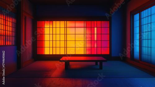 Tranquil japanese shoji screen illuminated by vibrant red and blue light in a dim room