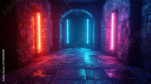 Dark stone corridor illuminated by vibrant red blue and pink neon lights