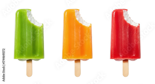Three colorful fruit popsicles green orange and red with bite marks on wooden sticks against a transparent background