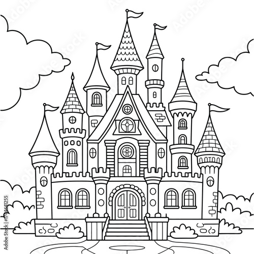 Scalable vector illustration of a majestic fairytale castle with flags and clouds in eps format vector