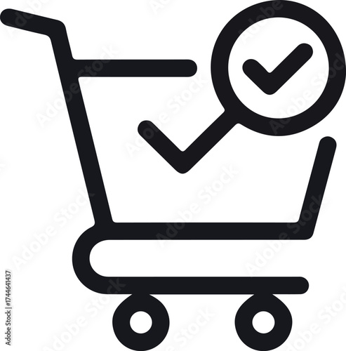 Shopping cart icon with a checkmark indicating successful purchase or order completion.