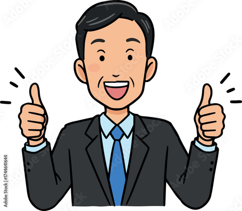 Smiling businessman in suit giving thumbs up gesture of approval and success.