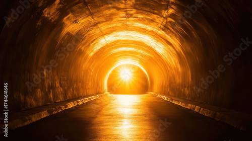 Mysterious glowing tunnel with bright light at the end symbolizing hope and a new beginning