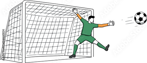 Soccer goalie diving to block a soccer ball in the goal.