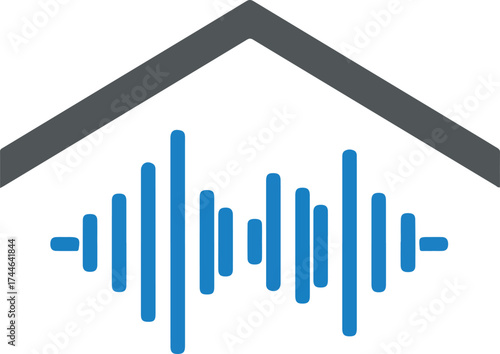 Sound wave visualization under a house roof representing home audio monitoring.