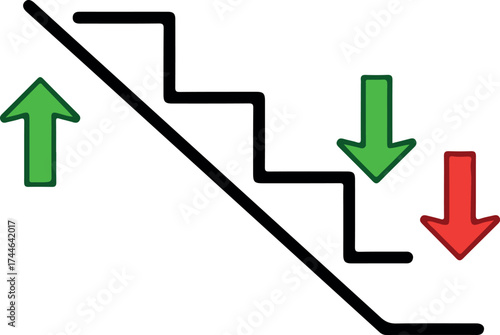 Staircase with arrows showing upward and downward directions representing progress and decline.