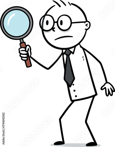 Stick figure with glasses holding a magnifying glass for investigation.