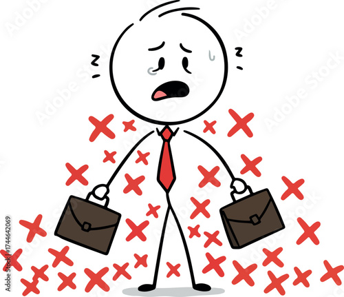 Stressed businessman surrounded by red crosses facing job loss and failure.