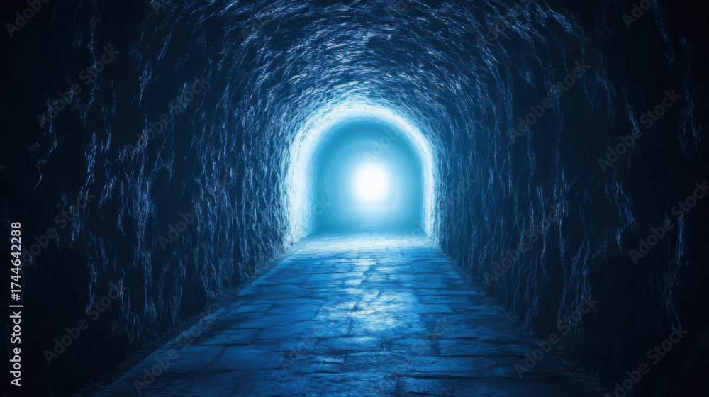 Obraz premium Mysterious glowing blue light at the end of a dark stone tunnel