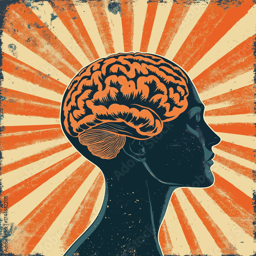 Profile of a human head with segmented brain and radial background. A state of mind concept. , vector style simple color