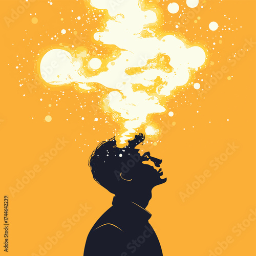 Profile of a man with a cloud of yellow and white ideas above his head. , vector style simple color