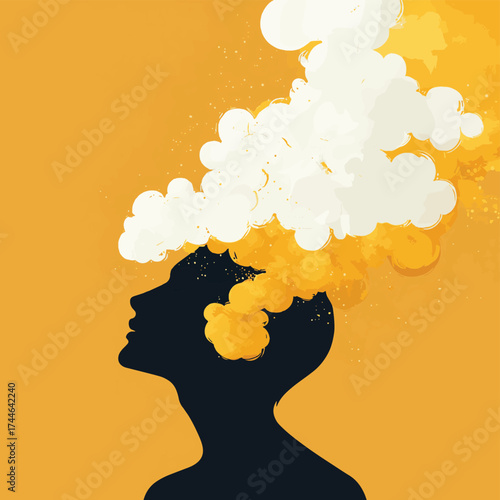 Profile of a man with a cloud of yellow and white ideas above his head. , vector style simple color