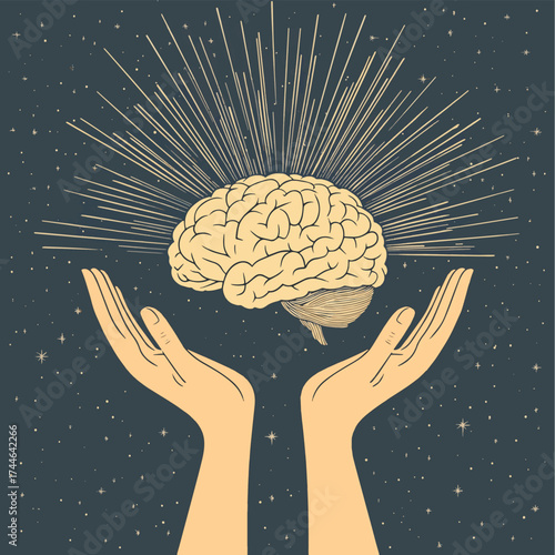 Two hands cupping a glowing human brain with rays emanating. , vector style simple color