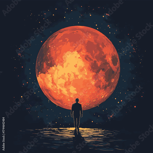 A silhouette of a man walks towards a bright moon and a stylized brain. , vector style simple color