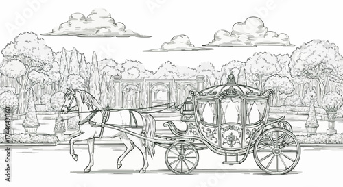 Porcelain design featuring horses and a royal carriage in dark green 