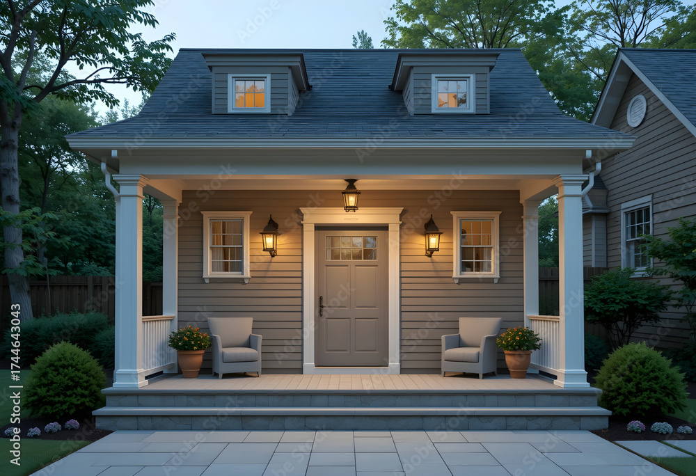 Obraz premium Cozy suburban house entrance with porch and chairs at dusk home front