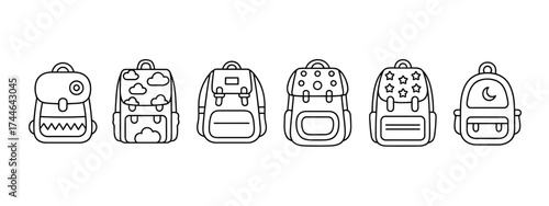 Set of six scalable vector line art illustrations of backpacks for children and adults eps vector