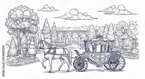 Porcelain design featuring horses and a royal carriage in dark blue 