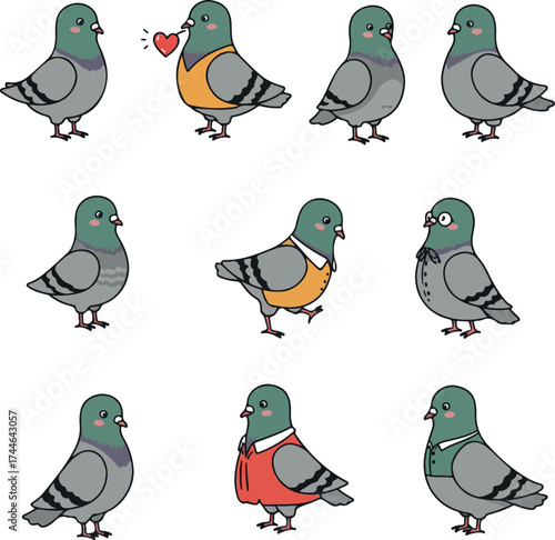Various cartoon pigeons in different outfits and poses a charming collection.