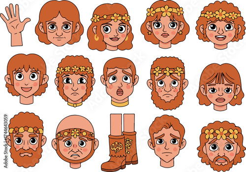 Various cartoon faces with different expressions and hairstyles.
