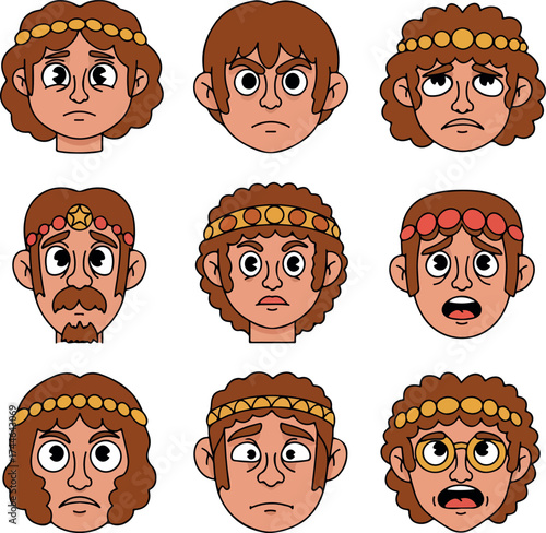 Various cartoon faces with different expressions and emotions.