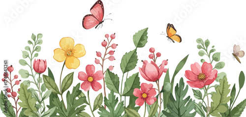 Watercolor floral arrangement with butterflies vibrant spring scene.