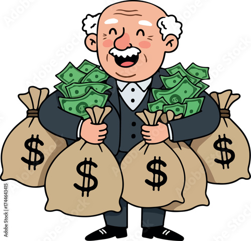 Wealthy old man holding bags of money and dollar bills with a big smile.