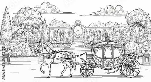 Porcelain design featuring horses and a royal carriage in dark black 