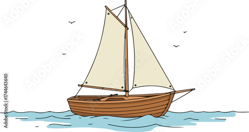 Wooden sailboat sailing on the water with its sails up in the air.