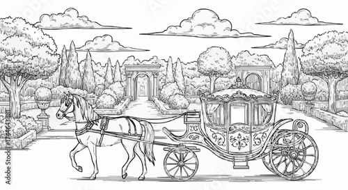 Porcelain design featuring horses and a royal carriage in dark black 