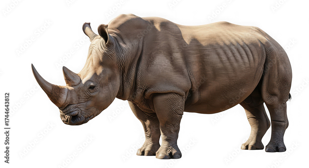 Fototapeta premium Rhino standing isolated on transparent background in a wildlife conservation area