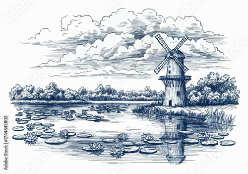 Porcelain design featuring a windmill tower and a lotus lake in dark blue 