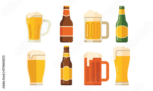 Flat design vector illustration of assorted beer glasses and bottles for commercial use vector