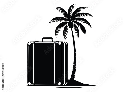 Striking black and white silhouette illustration of a vintage suitcase and palm tree icon for travel and vacation vector