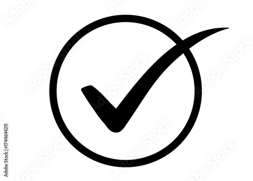 A bold black check mark symbol enclosed within a circle, isolated on a pure transparent background, signifying confirmation, verification, and a positive choice