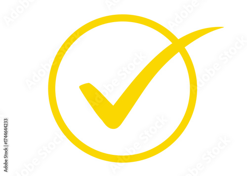Yellow check mark inside a circle, isolated on transparent background, signifying a positive response, task completion, or a correct selection, suitable for web and print