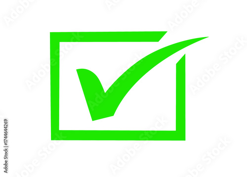 Green check mark inside a square box, isolated on transparent background, symbolizing approval, confirmation, or completion of a task or choice