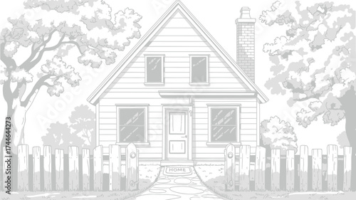 Charming rustic wooden house with fence and trees black and white line drawing vector illustration vector