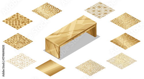 Vector art of isometric view of golden table with patterned surfaces