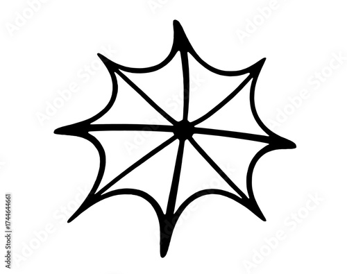 A stylized black spider web illustration, isolated on a transparent background, featuring a central point with radiating lines and connecting arcs