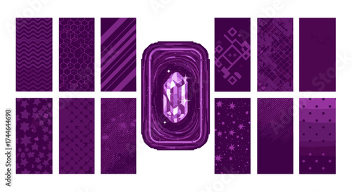 Vector art of collection of purple patterns and crystal design