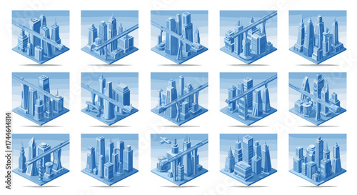 Vector art of isometric city blocks with skyscrapers and bridges
